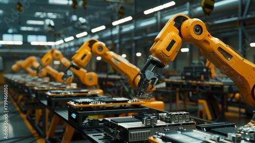 Precision Automation Robotic Arms Assembling Electronics with Expertise in Modern Factory Setting