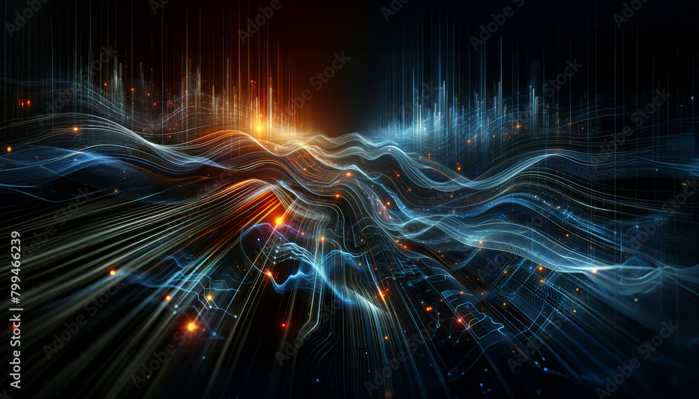 Abstract digital landscape with dynamic waves of particles and light, vivid blue and orange hues on a dark background.