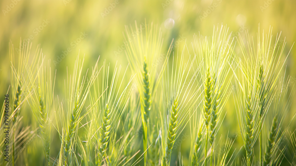 Serene image capturing the gentle sway of green wheat stalks backlit by the golden rays of the sun during a tranquil sunrise, symbolizing growth and the beauty of agriculture Serene image capturing the gentle sway of green wheat stalks backlit by the golden rays of the sun during a tranquil sunrise, symbolizing growth and the beauty of agriculture