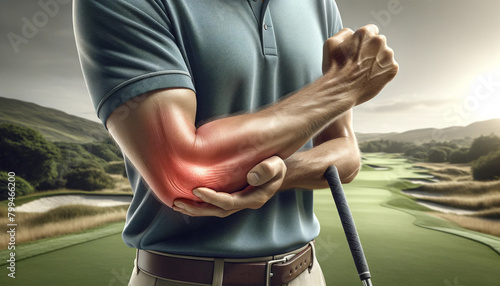 Man clutching elbow in pain during a golf match, with a visual red flare indicating discomfort