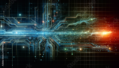 Abstract digital landscape with dynamic waves of particles and light, vivid blue and orange hues on a dark background.