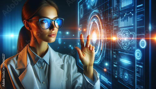 R&D centre image with portrait of engineers wearing protection glasses researching new energy sources and tech