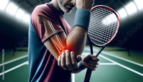 Man clutching elbow in pain during a tennis match, with a visual red flare indicating discomfort.