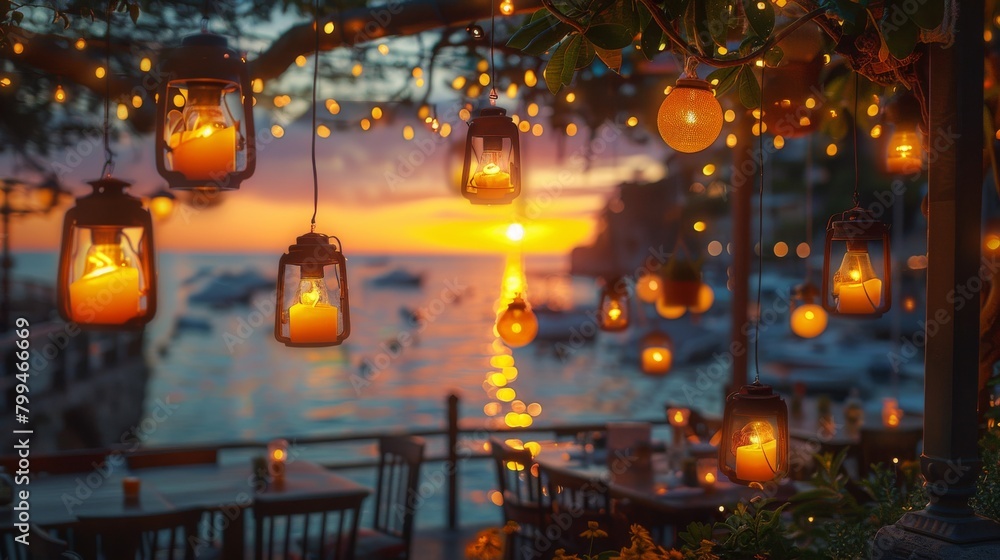 String lights create a festive ambiance on a beachfront deck against the backdrop of a stunning ocean sunset.. String lights create a festive ambiance on a beachfront deck against the backdrop of a stunning ocean sunset..