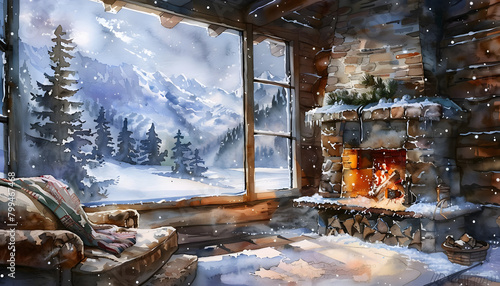 Cozy watercolor scene of a couple sharing a quiet moment by a crackling fireplace in a snowy mountai Generative AI photo