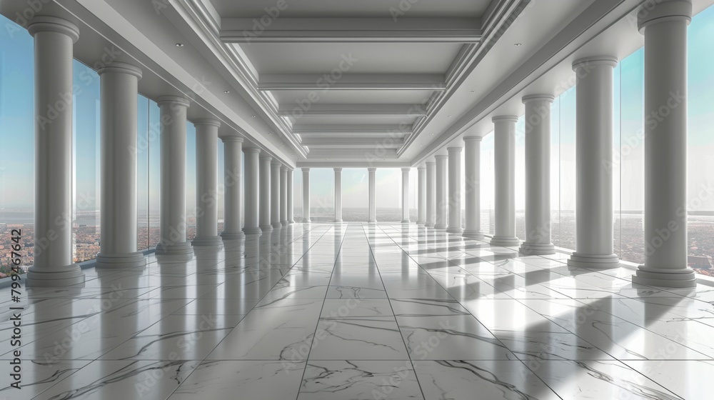 Columns-Lined Hallway With Sunlight Streaming Through Windows