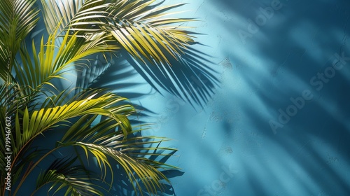Tropical palm and monstera leaves bask in the sunlight, casting playful shadows on a serene blue background, evoking a relaxed island atmosphere.. © ArtCookStudio