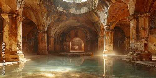 grand room with majestic columns  housing a serene fountain at its center  creating a tranquil and elegant atmosphere.