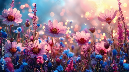 Vivid cosmos flowers in shades of orange and pink dance under the sunlight with a whimsical bokeh backdrop..