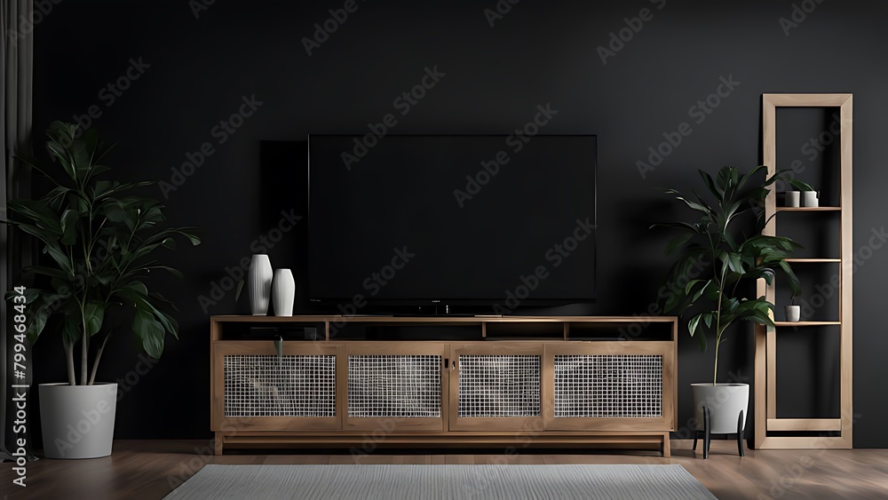 Mockup a TV wall mounted in a dark room with a black wall Mockup a TV wall mounted in a dark room with a black wall
