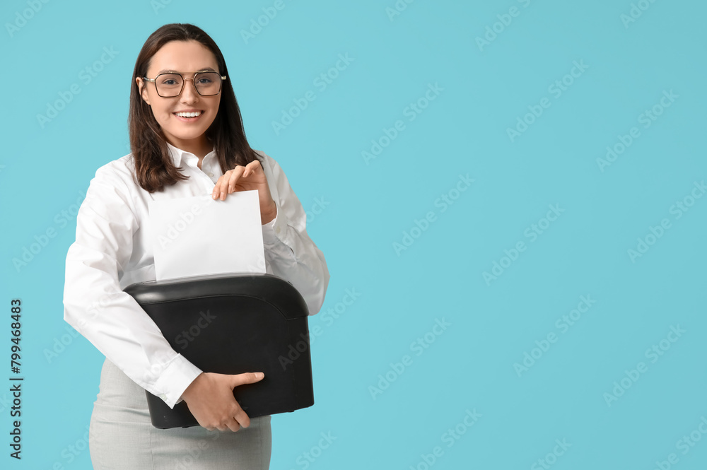 Secretary with shredder on blue background Secretary with shredder on blue background