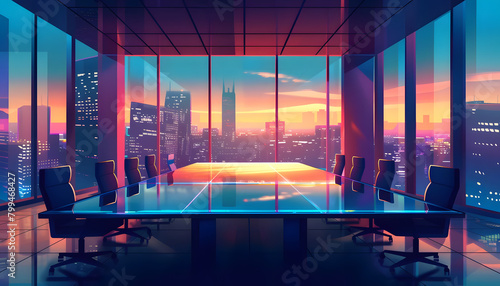 Clipart of a sleek conference room with a panoramic city view hosting a highstakes negotiation betwe Generative AI © Zazu