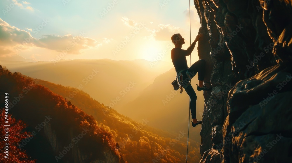 Free photo of silhouette of brave heroic man trying to climb with rope in mountain valley at sunset