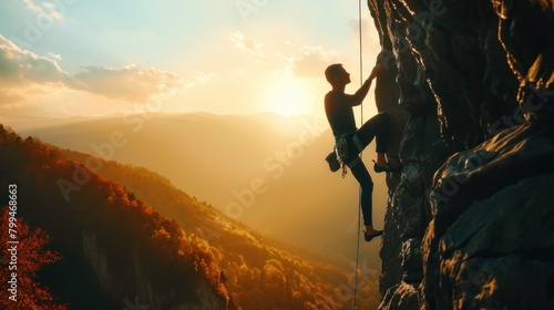 Free photo of silhouette of brave heroic man trying to climb with rope in mountain valley at sunset © jongaNU