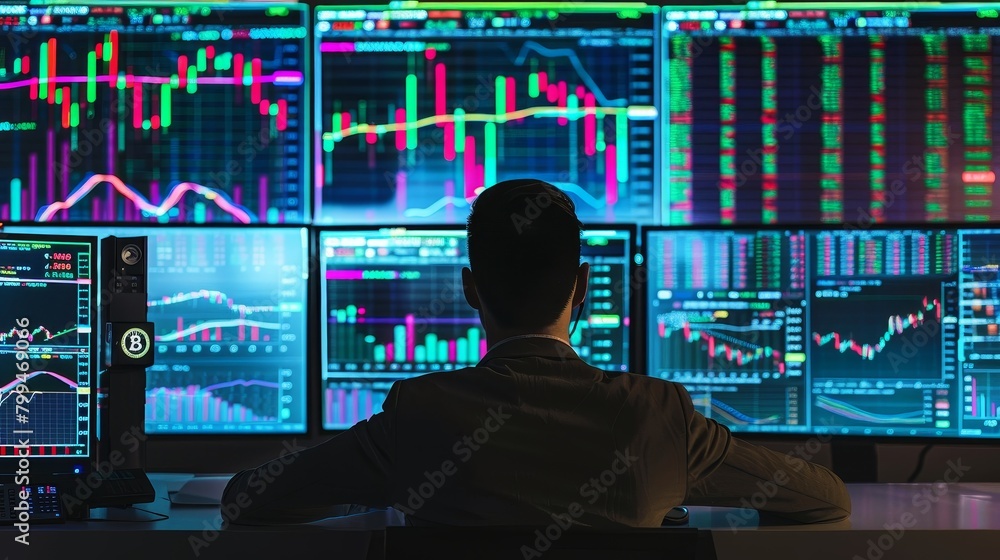 Crypto Trader Mastering Algorithmic Strategies with Cryptocurrency Market Charts and Trading Bots Back View No Face Crypto Trader Mastering Algorithmic Strategies with Cryptocurrency Market Charts and Trading Bots Back View No Face