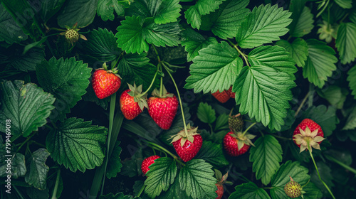 Ripe strawberries pend amidst vibrant green leaves in a garden, showcasing a natural and organic setting for these succulent, freshly-grown fruits ready for harvest photo