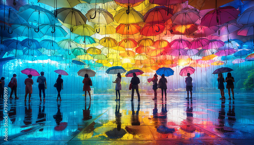 Wide-angle rainy street view with hinged multicolored umbrellas protecting passersby from the raindrops. Beautiful art installation. photo