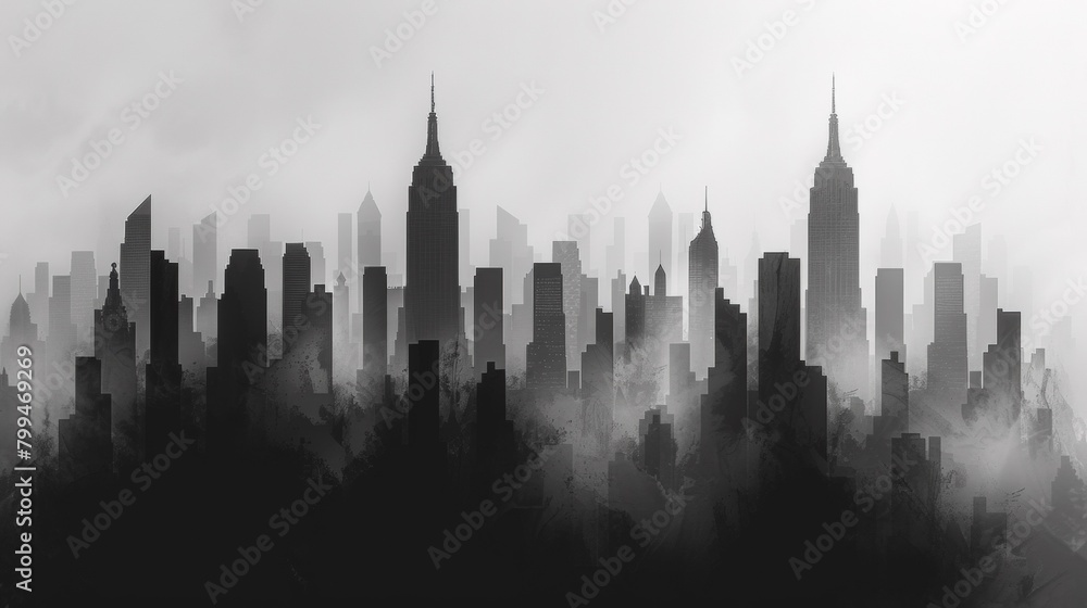 A black and white photo of a city skyline with fog, AI