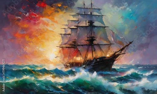 wallpaper representing an oil painting magnifying a ship on the high seas in the middle of the waves and the storm. Breathtaking scene
