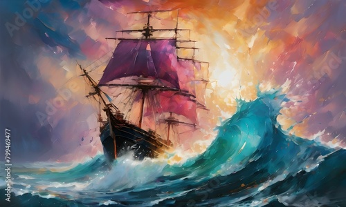wallpaper representing an oil painting magnifying a ship on the high seas in the middle of the waves and the storm. Breathtaking scene