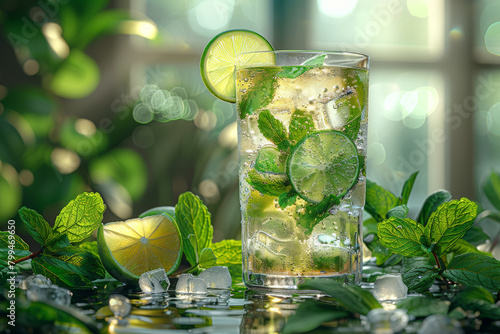 A refreshing mojito mocktail, muddling fresh mint, lime juice, and sugar with soda water for a non-alcoholic twist on the classic cocktail. Concept of mocktail mixology. Generative Ai. photo