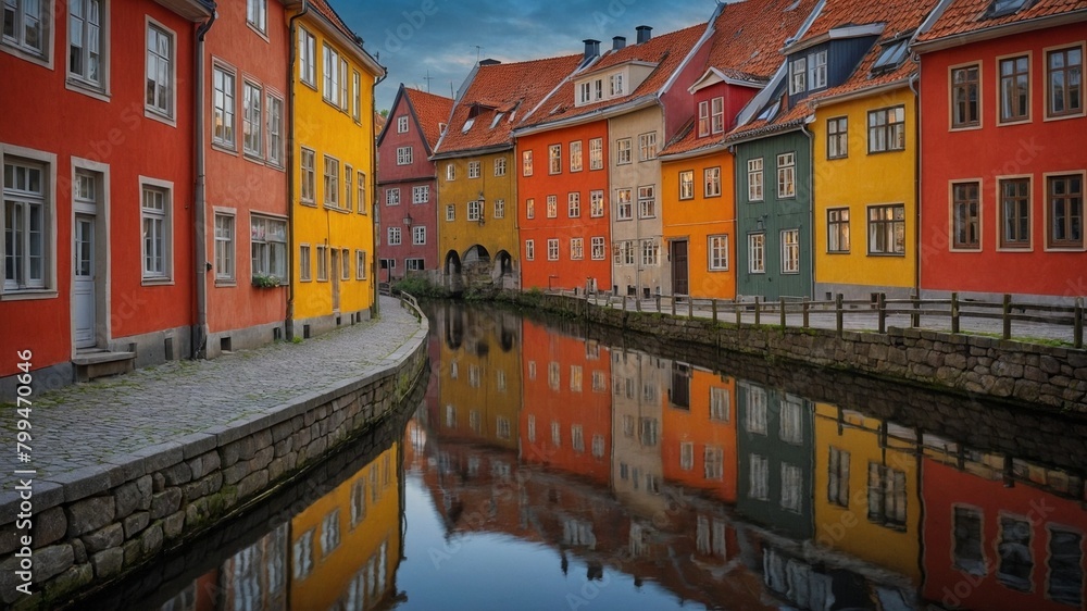 Calm canal reflects colorful facades of traditional houses lining its banks. Cobblestone walkways, arched bridges add charm to scene.