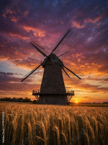 Weathered windmill stands tall amidst golden field of wheat, its silhouette stark against vibrant sunset sky ablaze with hues of orange, pink, purple. Windmill's sails still.