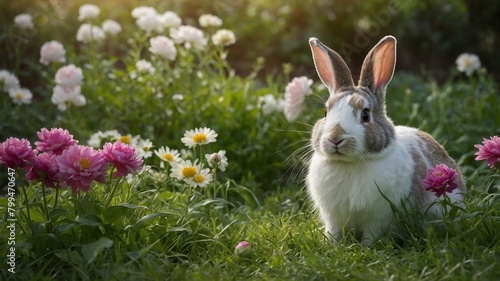 Small dutch rabbit with white, brown, gray fur sits alertly in patch of green grass. Rabbit's ears perked up, its dark eyes looking directly at viewer. Background blur of pink. photo