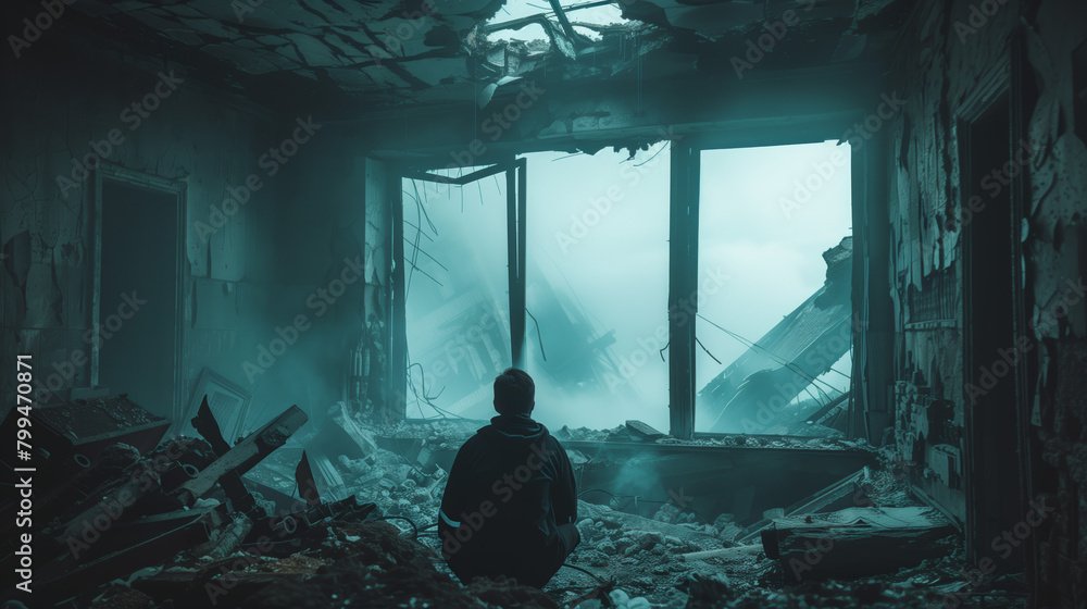 A person trapped in a collapsed building or wreckage, relying on courage and perseverance as they await rescue or find a way to escape to safety. A person trapped in a collapsed building or wreckage, relying on courage and perseverance as they await rescue or find a way to escape to safety.