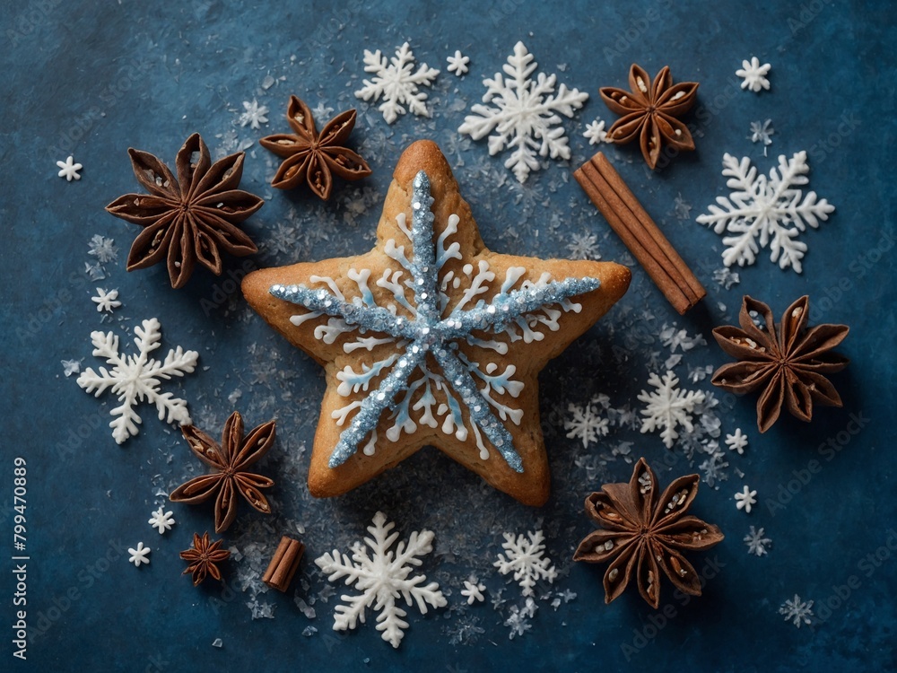 Large star-shaped gingerbread cookie sits in center of dark blue surface surrounded by spices, snowflakes. Cookie decorated with white, blue icing in snowflake design, sprinkled with edible glitter. Large star-shaped gingerbread cookie sits in center of dark blue surface surrounded by spices, snowflakes. Cookie decorated with white, blue icing in snowflake design, sprinkled with edible glitter.
