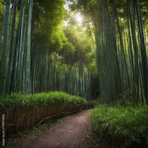 Narrow dirt path winds through dense bamboo forest. Tall, green bamboo stalks reach high into sky, creating canopy overhead, blocking out most of sunlight. Sun peeks through bamboo.