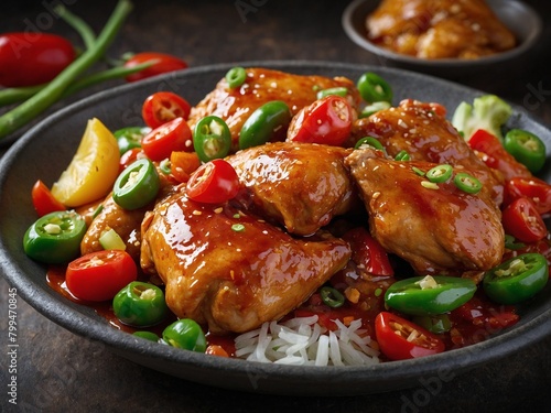 Several pieces of golden brown chicken rest atop bed of white rice, surrounded by vibrant array of red, green chili peppers. Chicken glistens with sticky, sweet, spicy sauce.