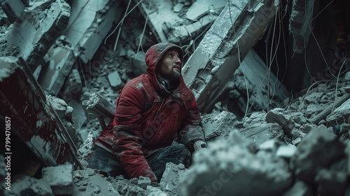 A person trapped in a collapsed building or wreckage, relying on courage and perseverance as they await rescue or find a way to escape to safety.