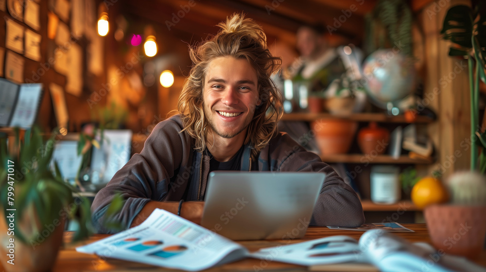 Person smiles reviewing finances, symbolizing achievement of success, prosperity through smart management, entrepreneurship.