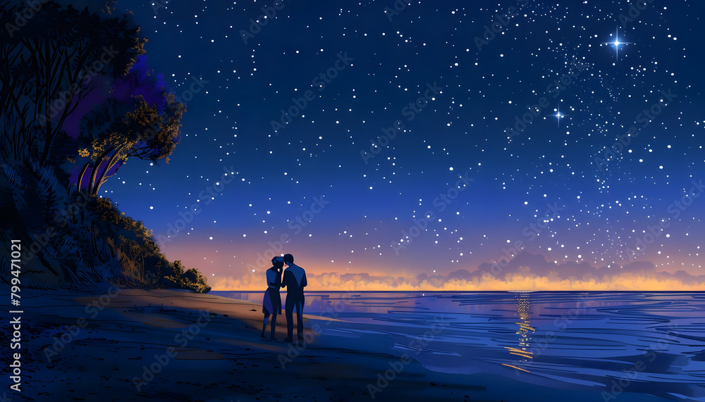 Clipart of a couple stargazing together on a beach at nightar74v60 Generative AI