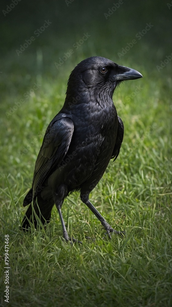 Large black crow with thick, sharp beak stands alert in patch of vibrant green grass. Crow's feathers sleek, glossy, with slight sheen in sunlight, its dark eyes fixed on something in distance. Large black crow with thick, sharp beak stands alert in patch of vibrant green grass. Crow's feathers sleek, glossy, with slight sheen in sunlight, its dark eyes fixed on something in distance.