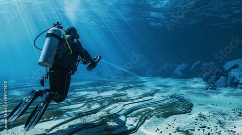 Exploring the Depths Underwater Diver Mapping Ocean Floor with Handheld Sonar Device © ASoullife