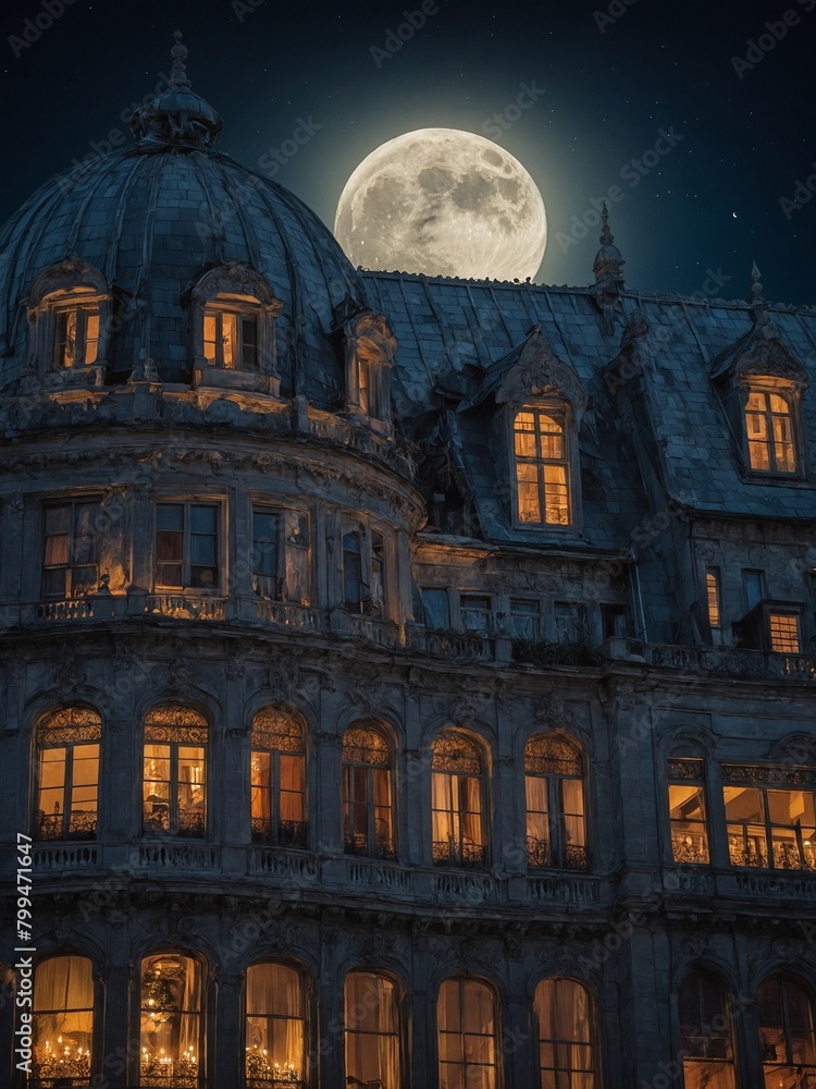 Large, ornate building stands tall against night sky illuminated by full moon, twinkling stars. Warm light spills from numerous windows.