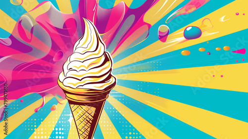 Wow pop art vanilla Ice cream. Colorful background in pop art retro comic style. Summer concept pop art	
