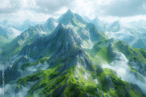 A rugged mountain range, with jagged peaks piercing the sky and deep valleys carved by ancient glaciers, shaping the Earth's topography. Concept of mountainous regions. Generative Ai.