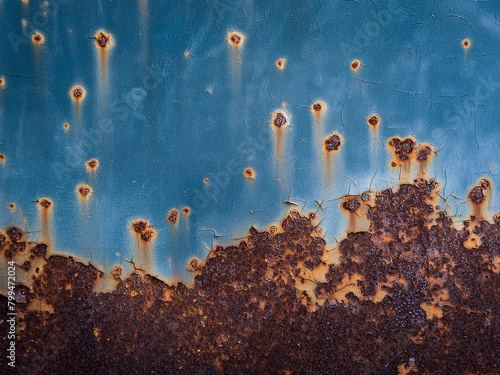 青く塗装された鉄板の焦げ茶色の錆、背景素材 photo