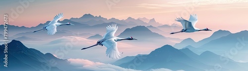 Stylized white cranes soaring over multilayered, pastel-colored mountain peaks photo