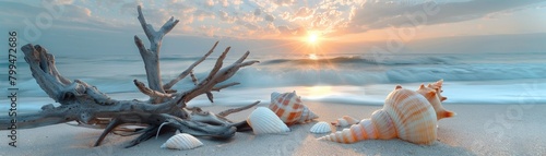Sunlight breaks over a tranquil seashore, highlighting shells and driftwood