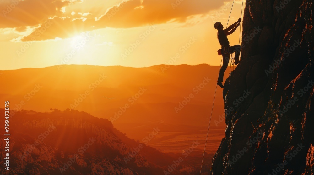 Silhouette of brave heroic man trying to climb with rope in mountain valley at sunset Silhouette of brave heroic man trying to climb with rope in mountain valley at sunset