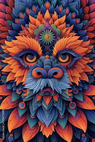 A colorful lion head with many different colors and designs, AI