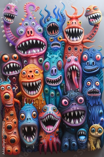A group of colorful monsters are displayed on a wall, AI