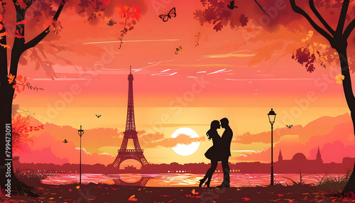 Clipart of a couple sharing a kiss under the Eiffel Tower at sunsetar74v60 Generative AI © Zazu