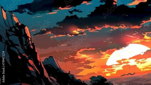 sunrise over the mountains in anime style and seamless looping virtual time-lapse video animation background. Generated with AI. anime. Illustrations