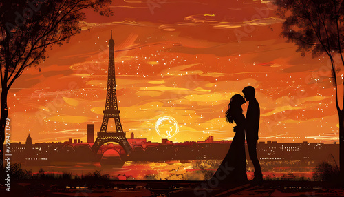 Clipart of a couple sharing a kiss under the Eiffel Tower at sunsetar74v60 Generative AI