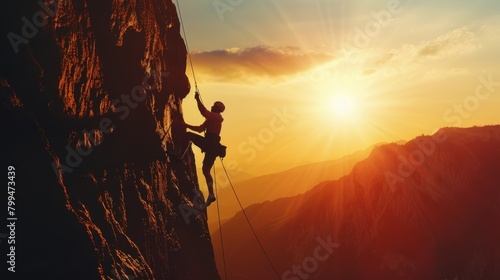 Silhouette of brave heroic man trying to climb with rope in mountain valley at sunset